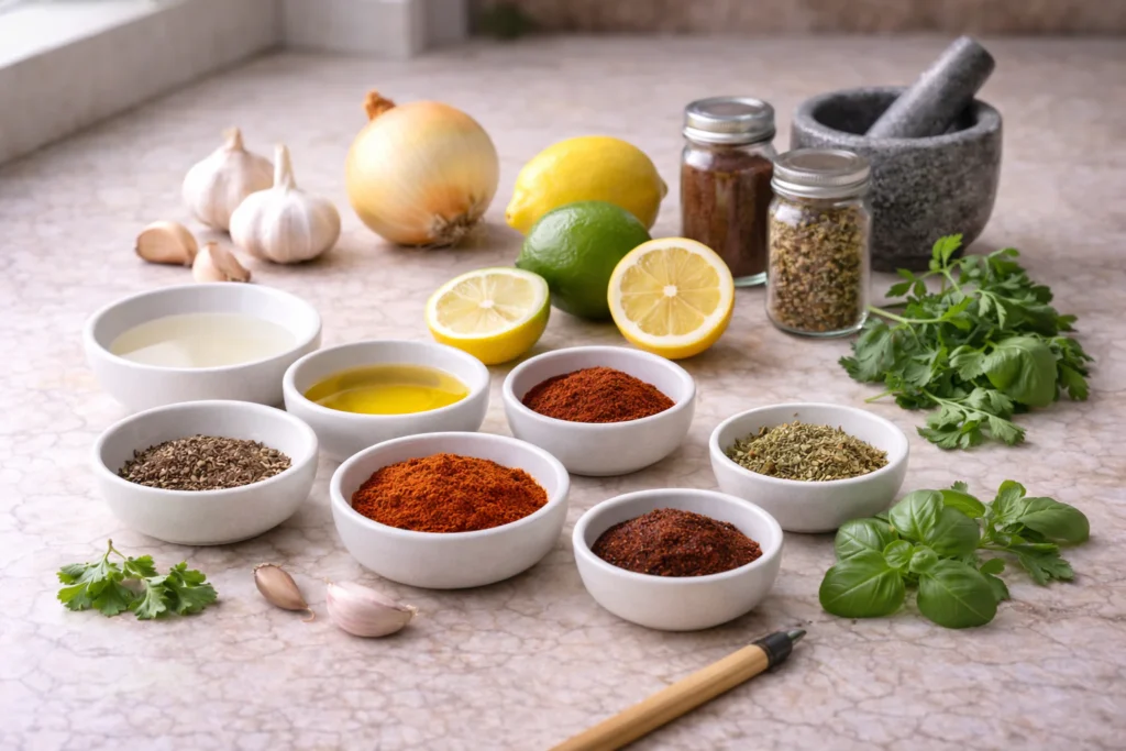 Salt-free seasoning toolkit with herbs, spices, garlic, onion, citrus, vinegar, and olive oil arranged on a countertop