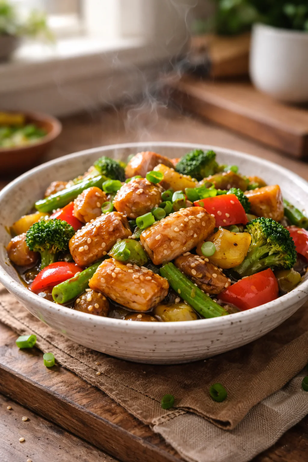 Plate of gentle anti inflammatory chicken stir fry with vegetables