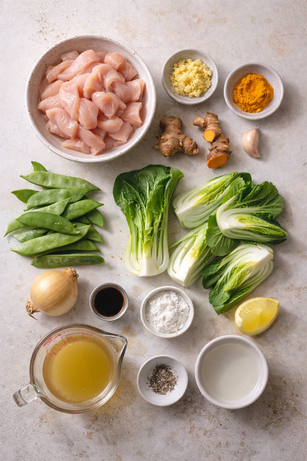 Ingredients for gentle anti inflammatory chicken stir fry on a counter