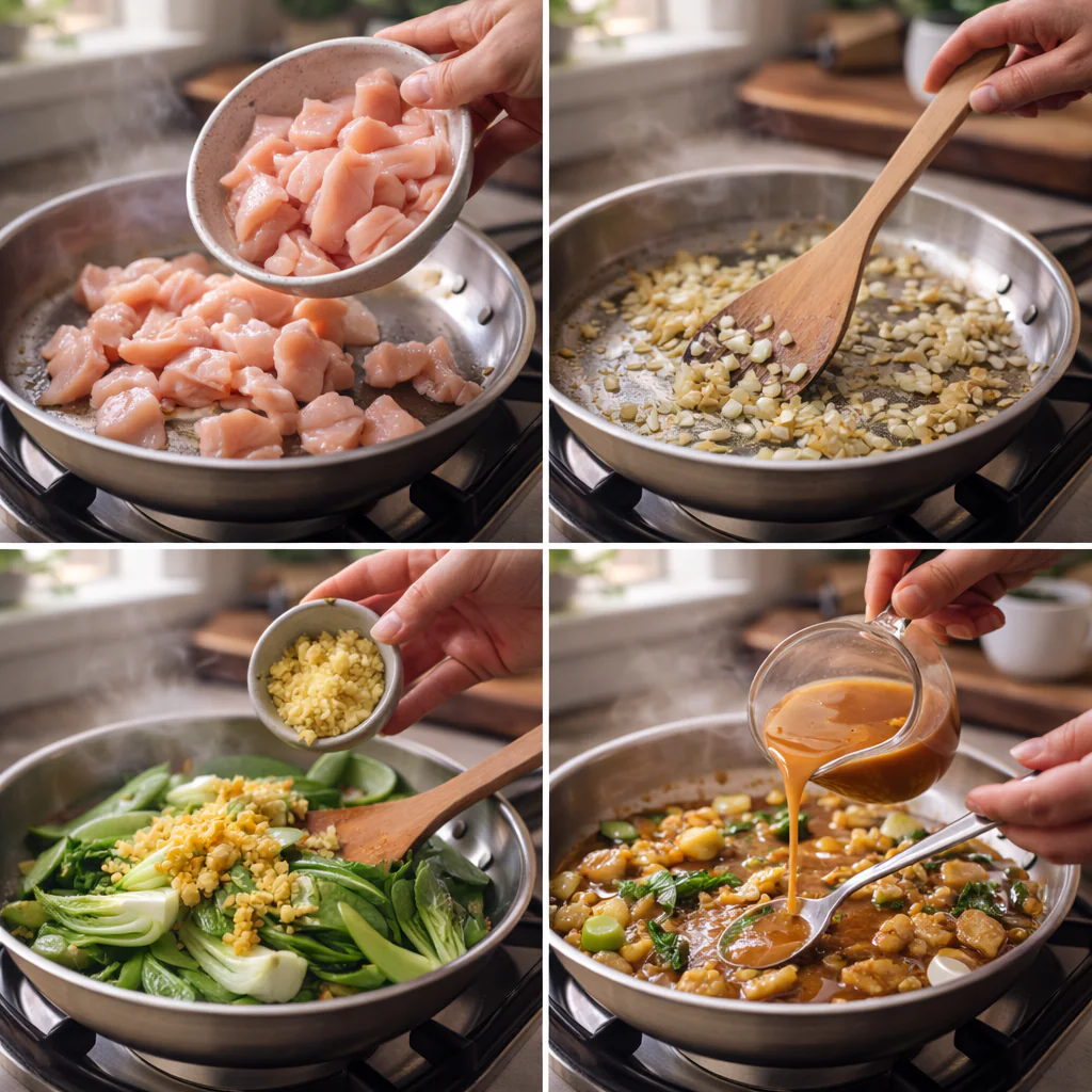 Cooking steps for gentle anti inflammatory chicken stir fry in a skillet