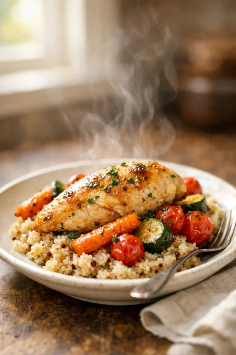 Baked chicken served over quinoa with roasted vegetables in a cozy home kitchen
