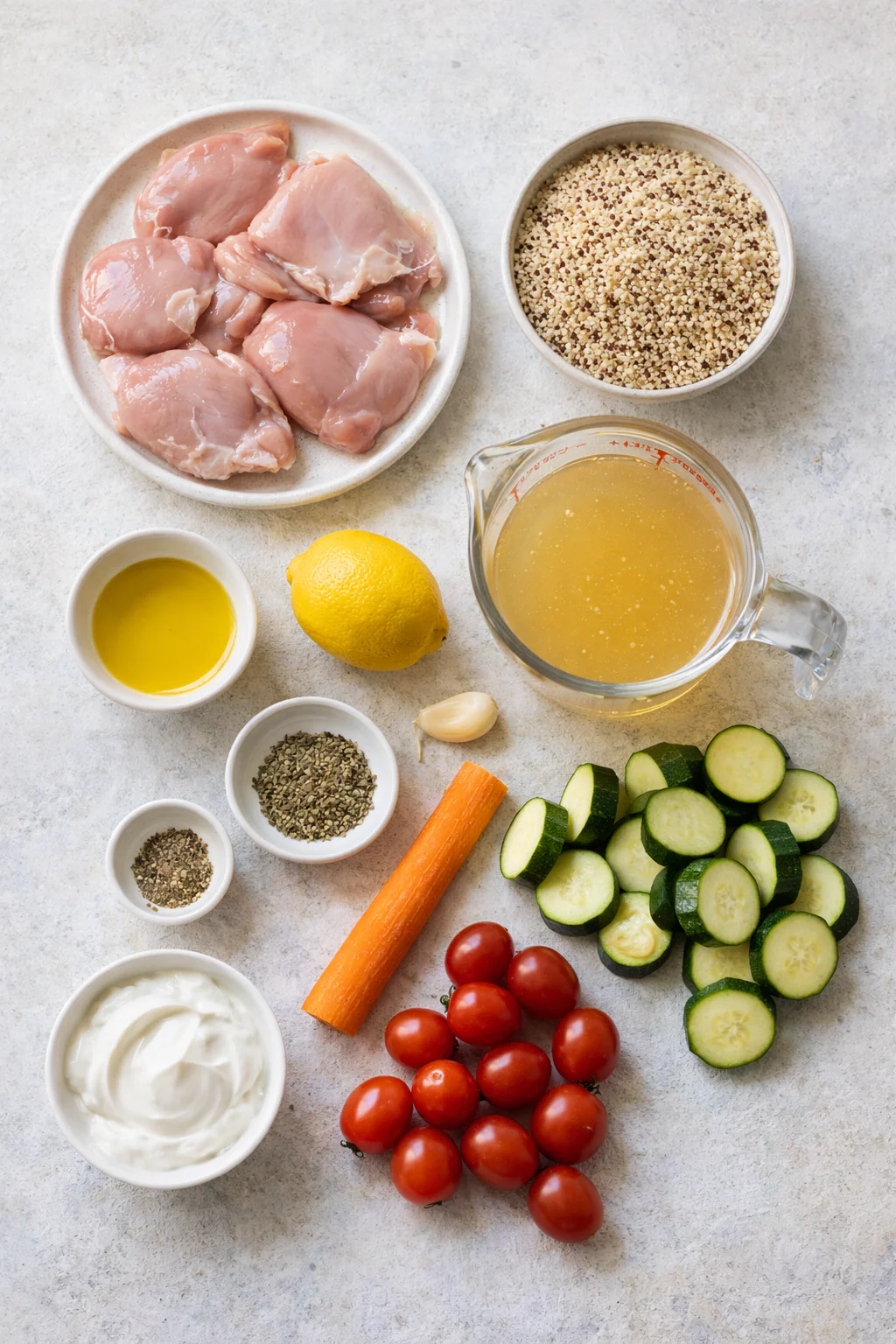 Ingredients for gentle baked chicken with quinoa and vegetables