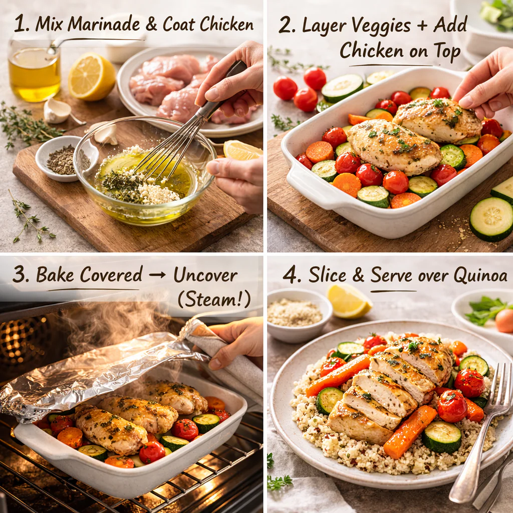 Step by step baked chicken and quinoa preparation