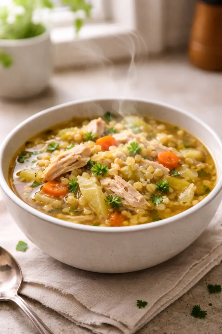 Low sodium cabbage soup with chicken and barley in a bowl, homemade healthy comfort food