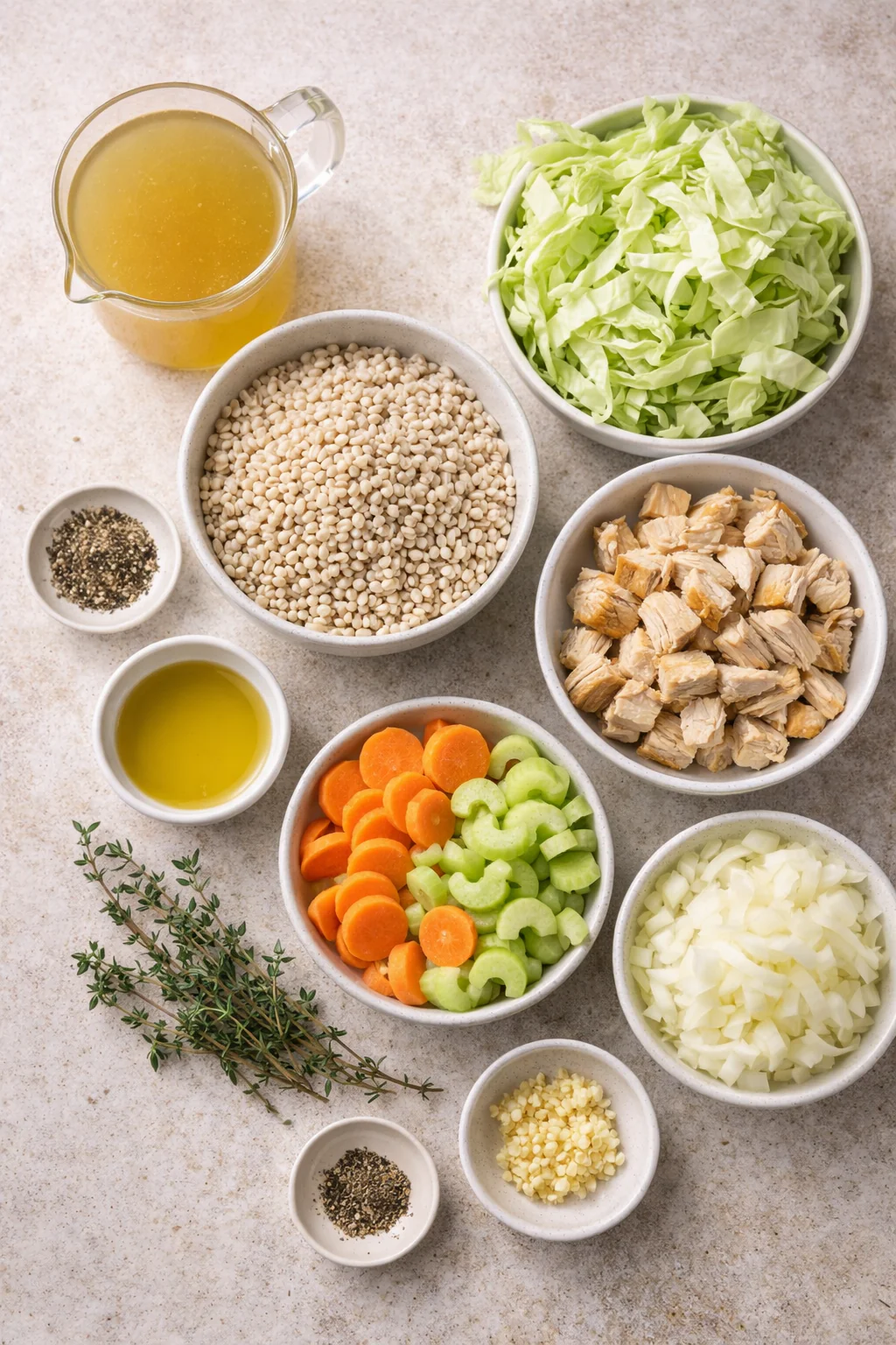 Ingredients for low sodium cabbage soup laid out on a counter
