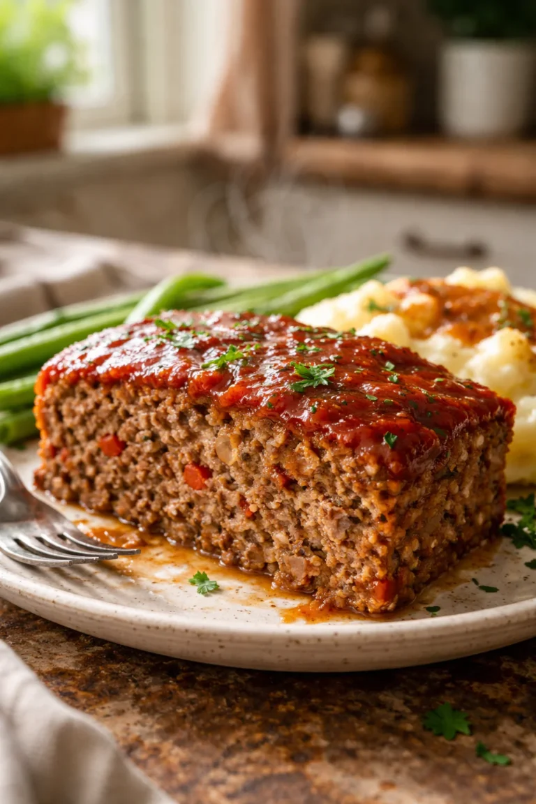 Slice of homemade meatloaf on a plate in a cozy kitchen with natural light