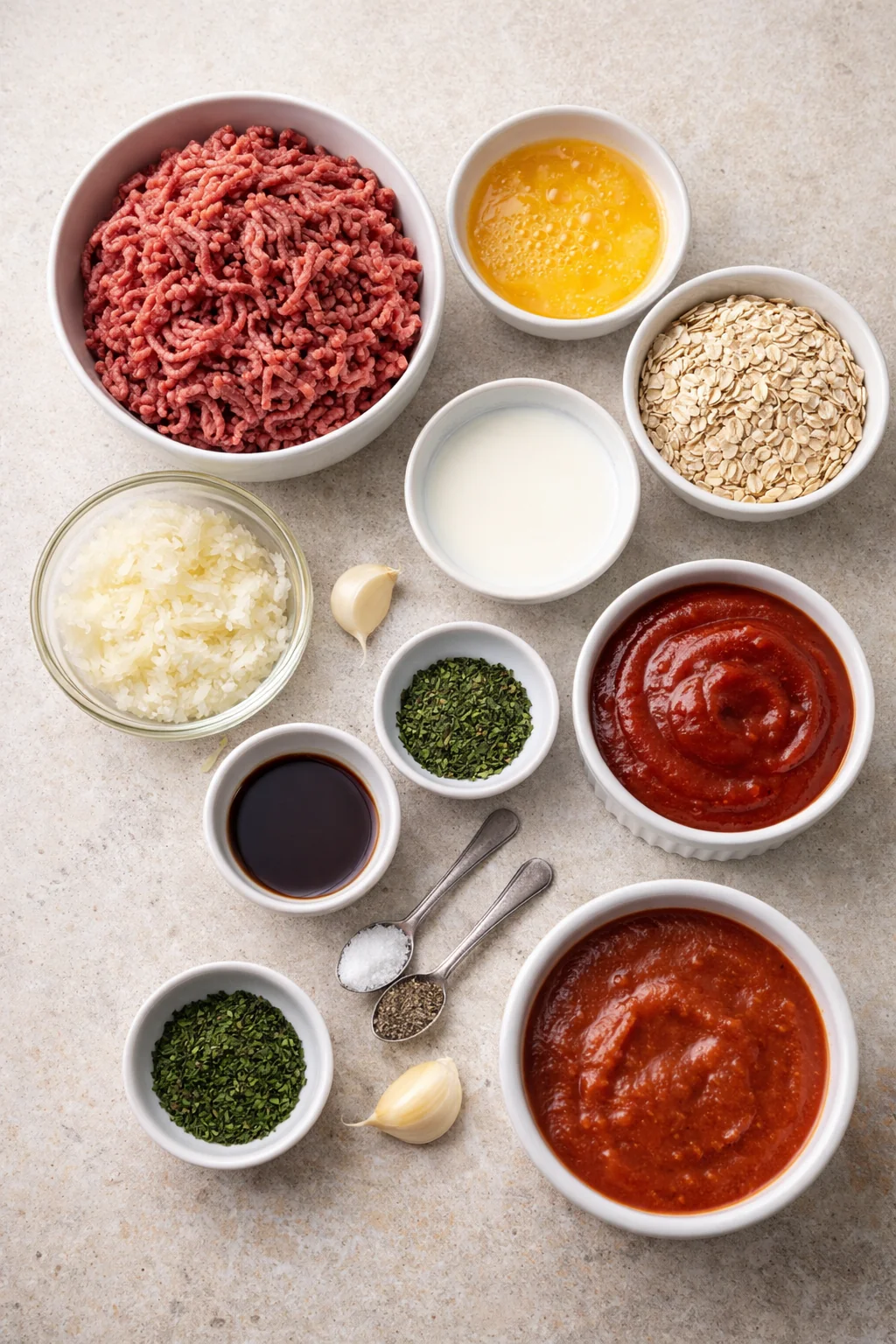 Ingredients for gentle meatloaf arranged on a counter