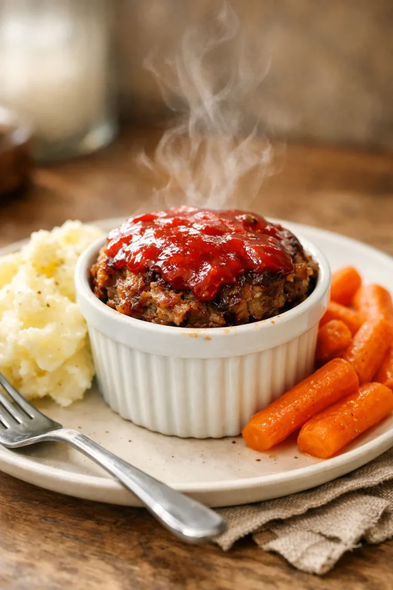 Small homemade meatloaf in a ramekin with mashed potatoes and carrots on a plate in a cozy kitchen