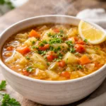 Small bowl of homemade cabbage soup with carrots, potatoes and parsley in a cozy kitchen setting