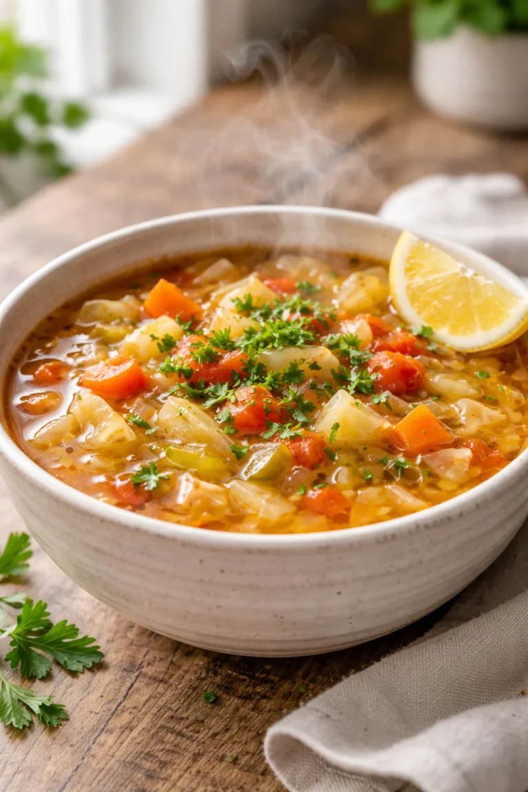 Small bowl of homemade cabbage soup with carrots, potatoes and parsley in a cozy kitchen setting