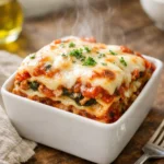 Low sodium lasagna small portion with melted mozzarella in baking dish