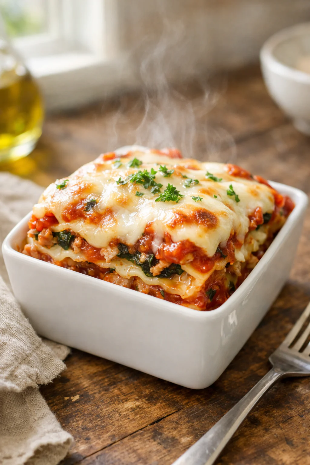 A small baking dish with a gentle golden top lasagna ready to serve