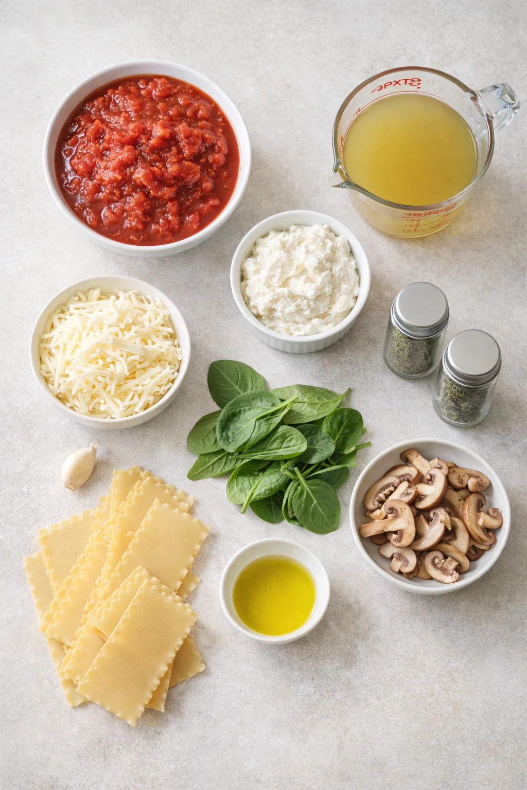 Bowls of no-salt-added tomatoes, ricotta, mozzarella, spinach, and noodles ready for assembly