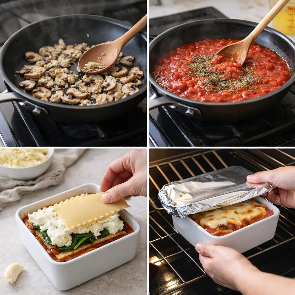Layers of sauce, ricotta, spinach, and noodles being assembled in a small dish