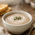 Small bowl of creamy mushroom soup with thyme garnish served in a cozy home kitchen