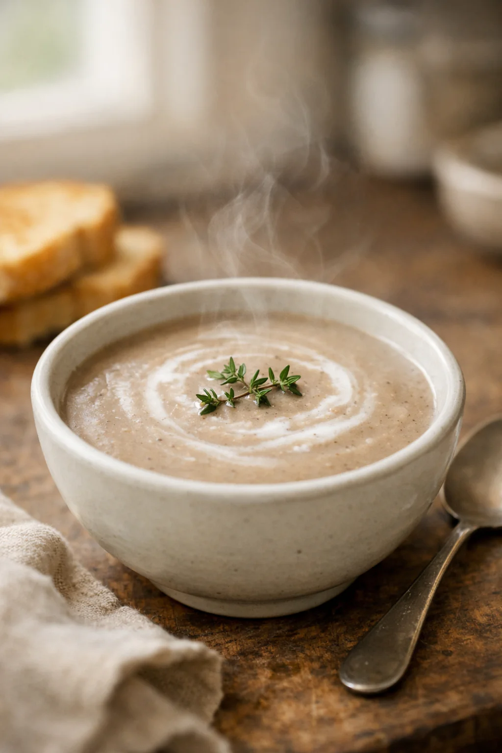 Heart healthy cream of mushroom soup in a bowl