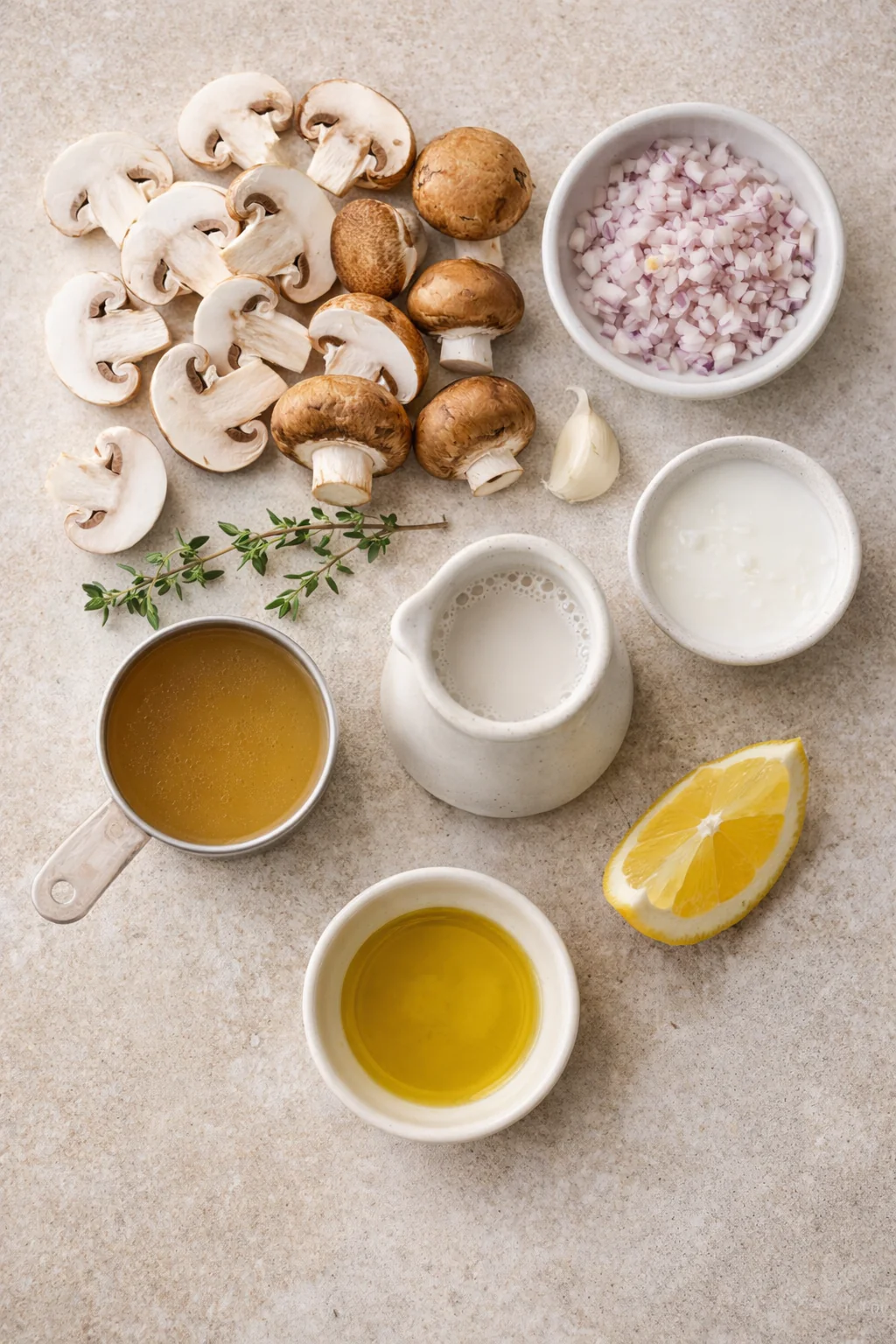 Ingredients for cream of mushroom soup laid out