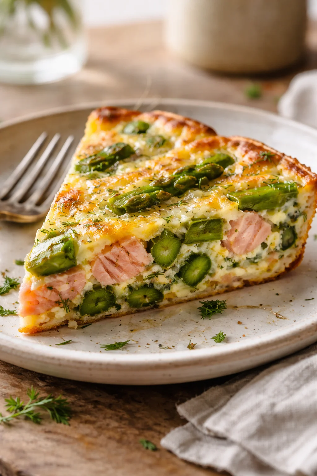 One-pan salmon and asparagus frittata in a skillet