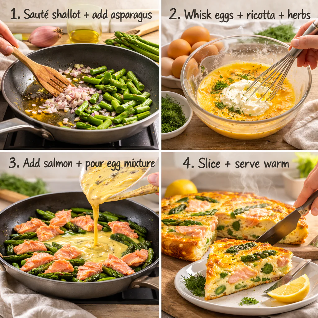 Cooking steps showing asparagus, whisked eggs, and finished frittata