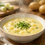 Small bowl of creamy potato leek soup with chopped chives garnish in a cozy kitchen setting