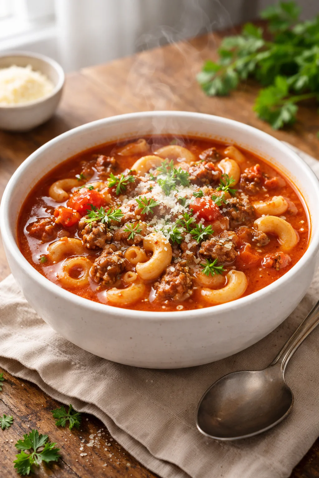 Bowl of hearty tomato soup with ground beef and macaroni