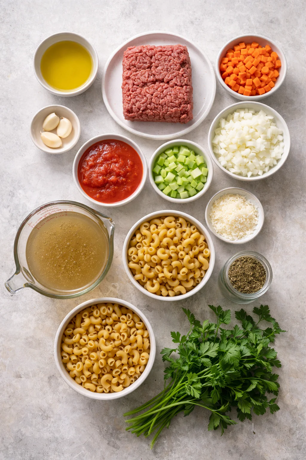 Ingredients for tomato soup with ground beef and macaroni