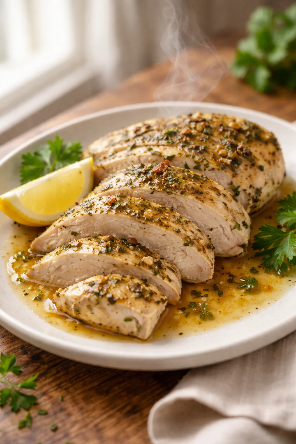 Herb lemon baked chicken breast on a plate