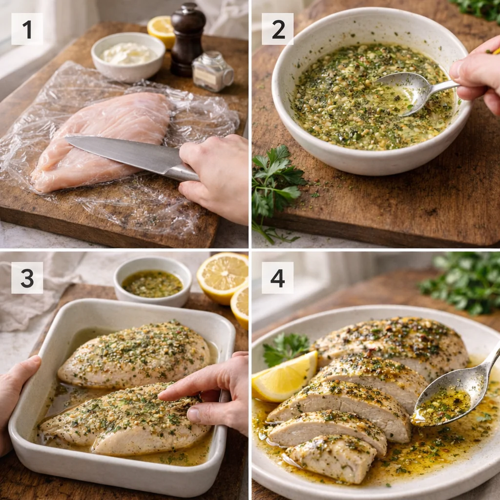 Step by step baked chicken in a baking dish