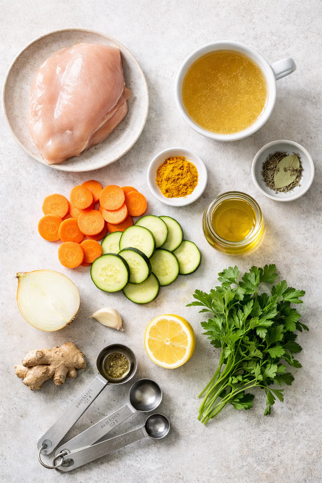 Ingredients for low sodium anti inflammatory chicken laid out on a surface