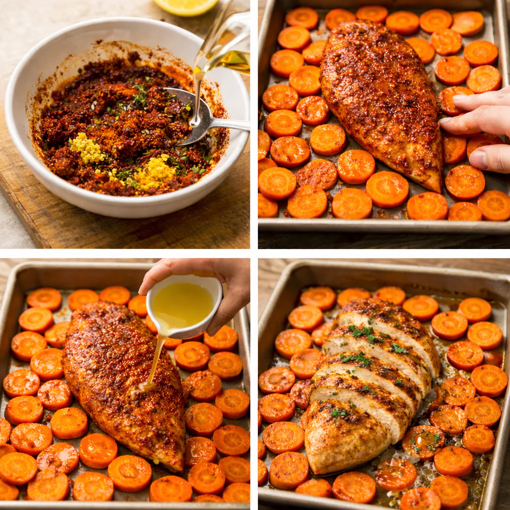 Chicken and carrots arranged in a baking dish ready to roast