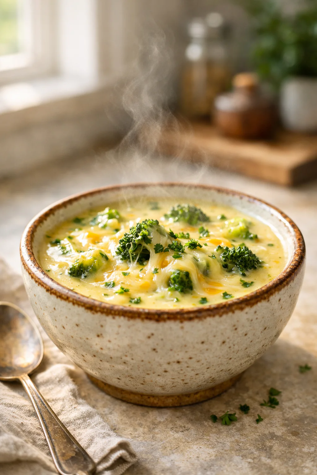 Bowl of low sodium broccoli cheese soup garnished with parsley