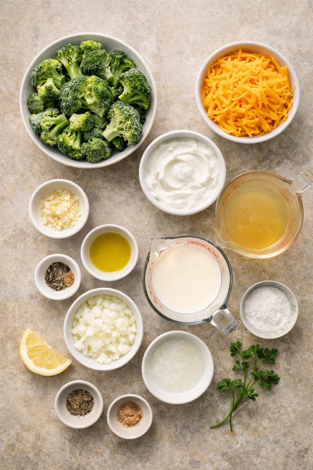 Ingredients for low sodium broccoli cheese soup on a counter