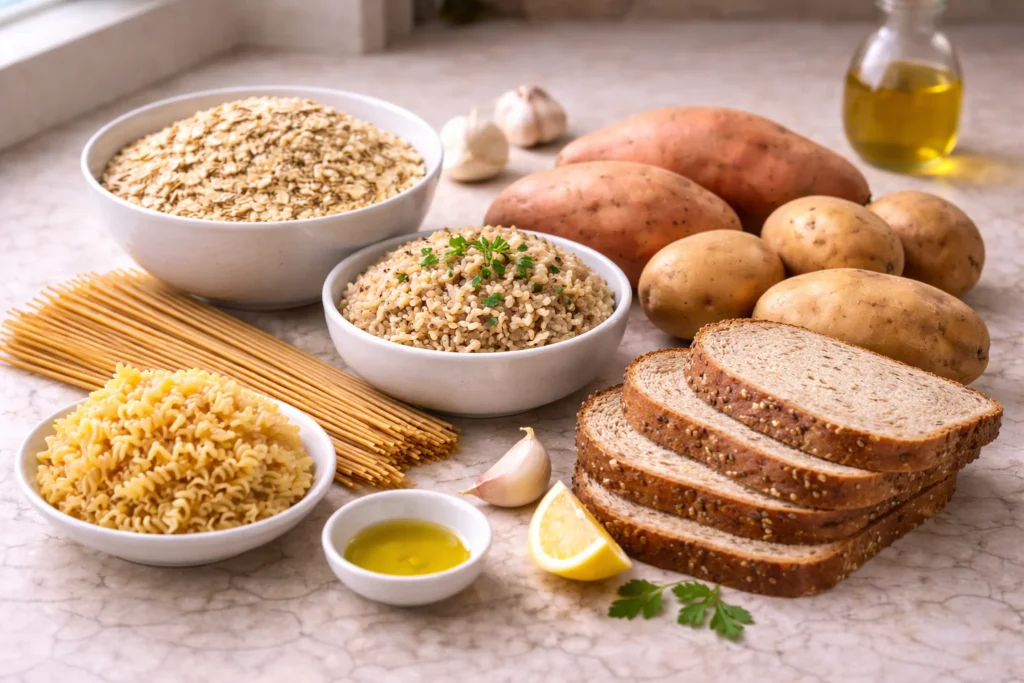 Low sodium carbs like oats, brown rice, potatoes, and whole grain bread arranged on a countertop in natural light