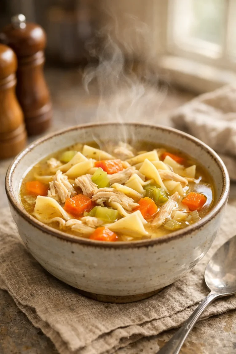 Small bowl of low sodium chicken noodle soup with shredded chicken, carrots, celery, and egg noodles in a cozy kitchen setting