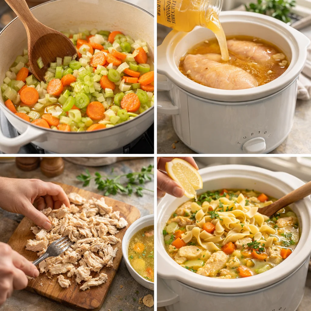 Cooking steps for chicken noodle soup in a slow cooker