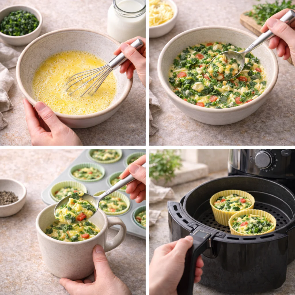 Cooking steps for egg muffins in a microwave and air fryer