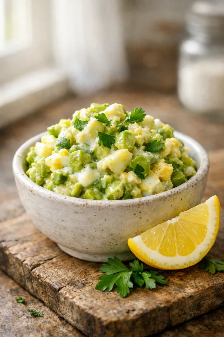 Low sodium avocado egg salad made with yogurt, chopped eggs, and fresh parsley in a small rustic bowl.
