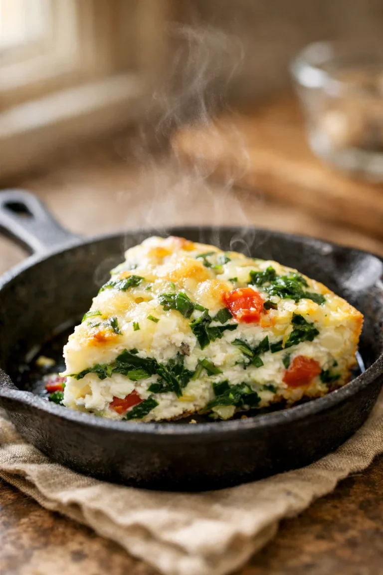 Low sodium egg white and spinach frittata slice served in a small skillet in a cozy home kitchen