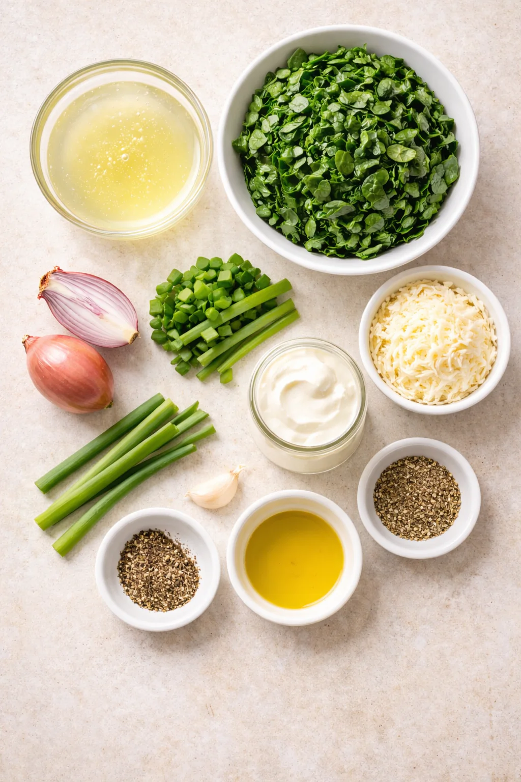Ingredients for egg white and spinach frittata laid out on a surface