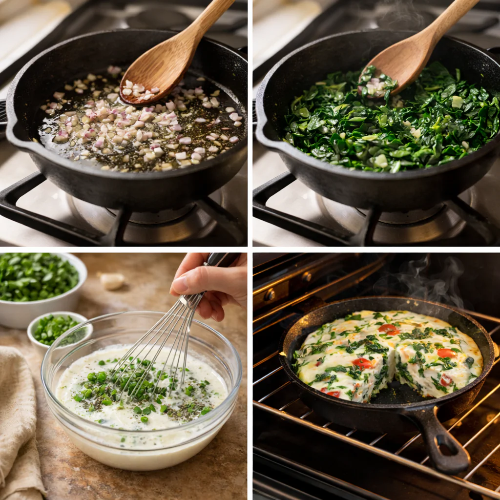 Step by step process for making a spinach frittata in a skillet