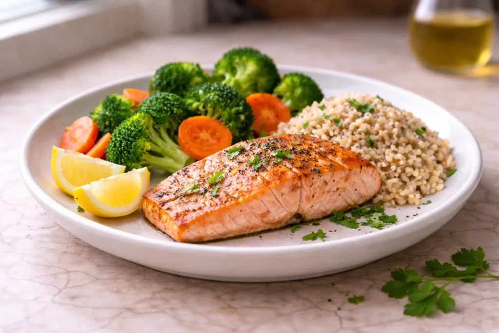 Low sodium meal plate with grilled salmon or chicken, steamed vegetables, brown rice, and lemon wedges in natural window light