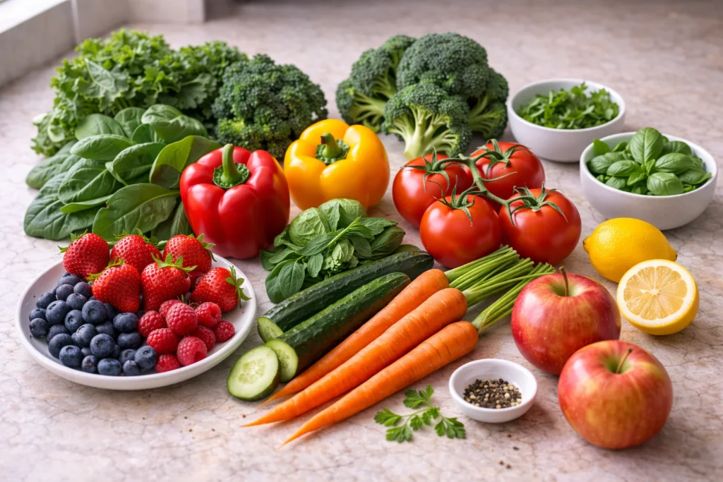 Fresh low sodium fruits and vegetables arranged on a countertop with lemons and herbs in bright natural light