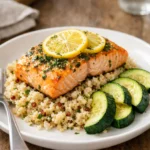 Baked lemon herb salmon served over fluffy quinoa pilaf with steamed zucchini on a plate