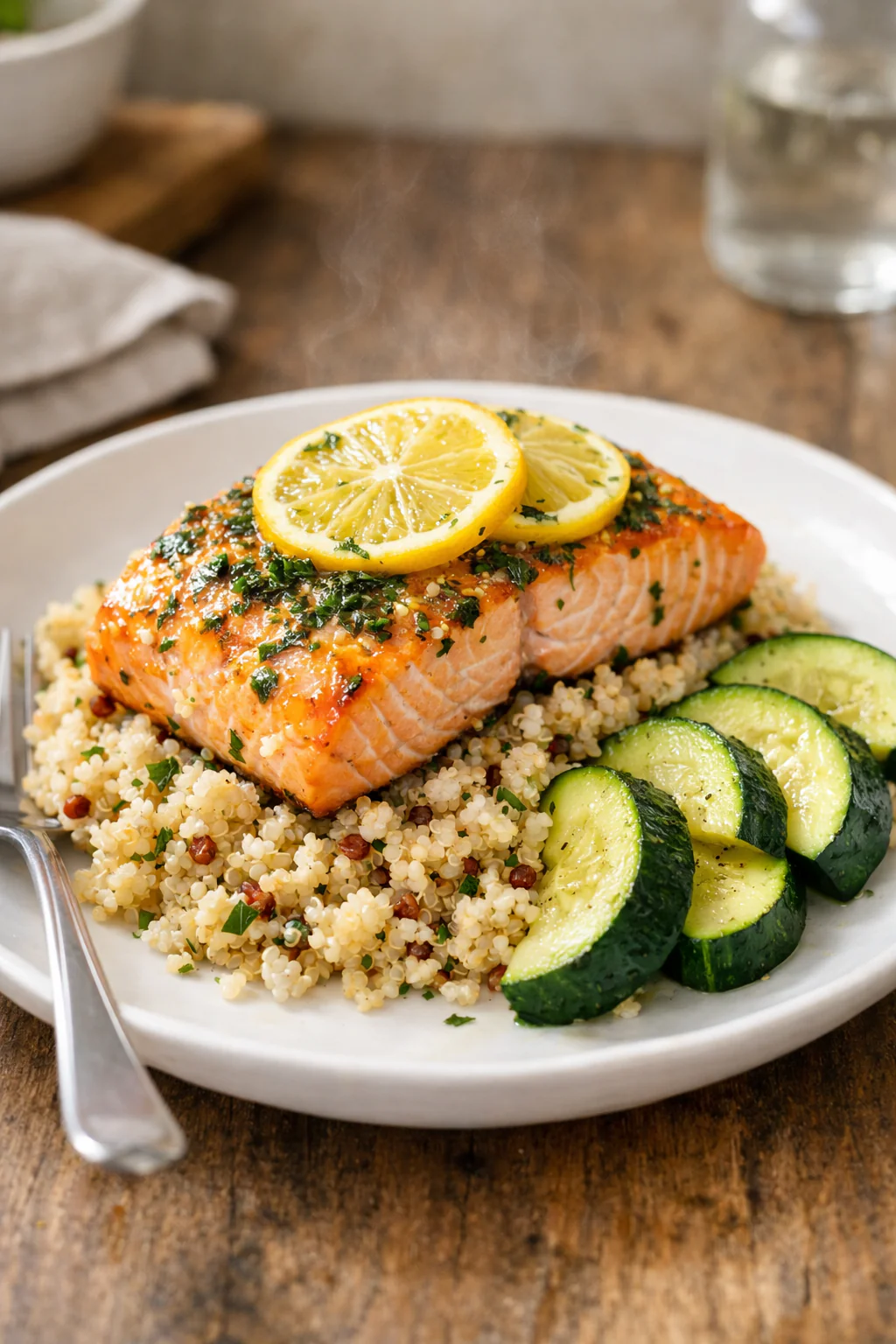 Baked lemon herb salmon served with quinoa pilaf and steamed zucchini
