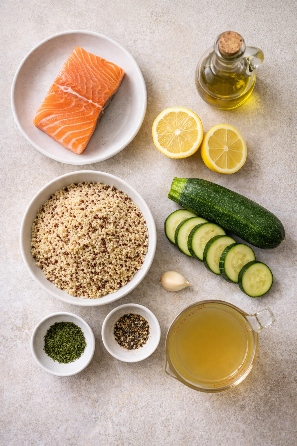 Ingredients for baked lemon herb salmon with quinoa and zucchini