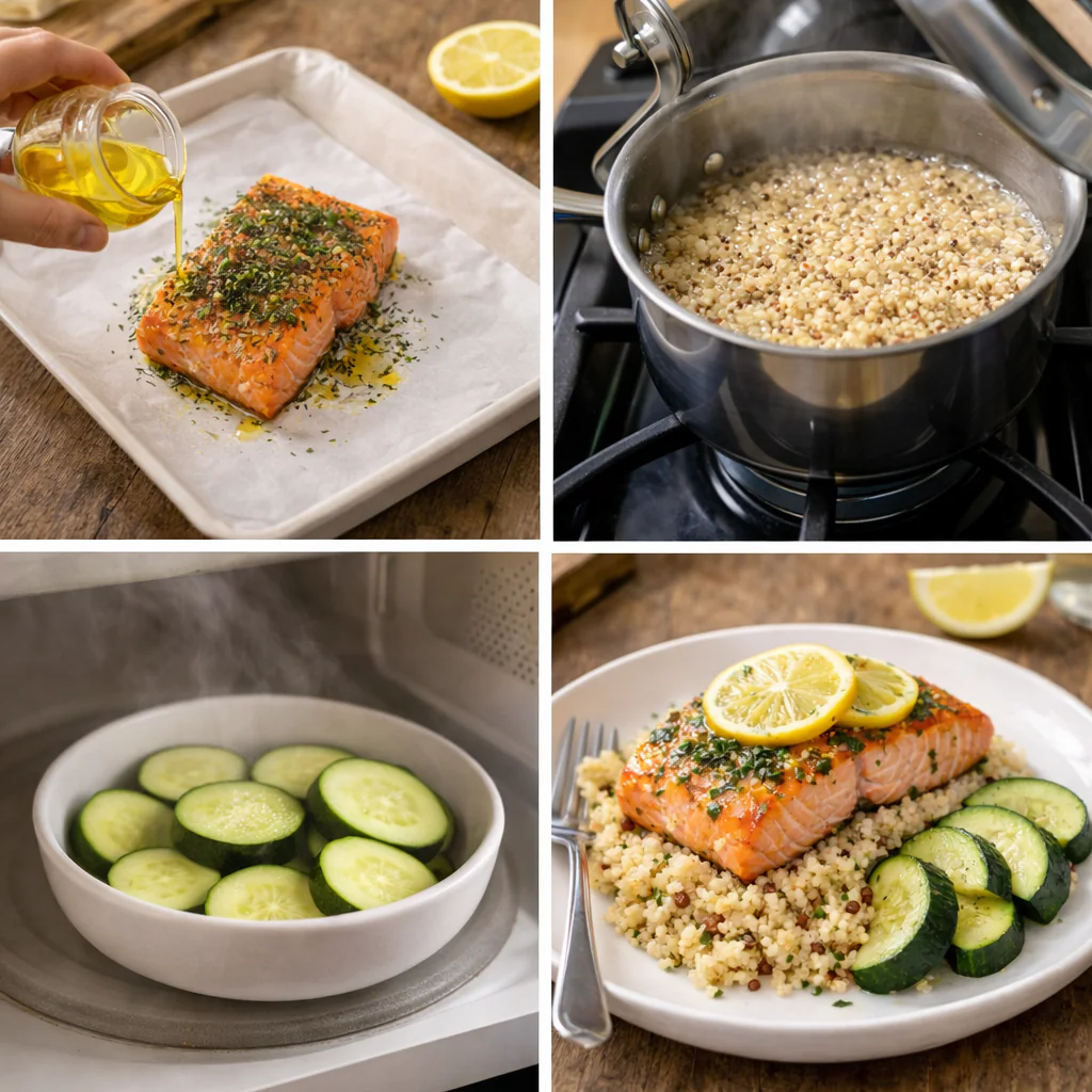 Step by step cooking of salmon, quinoa, and zucchini