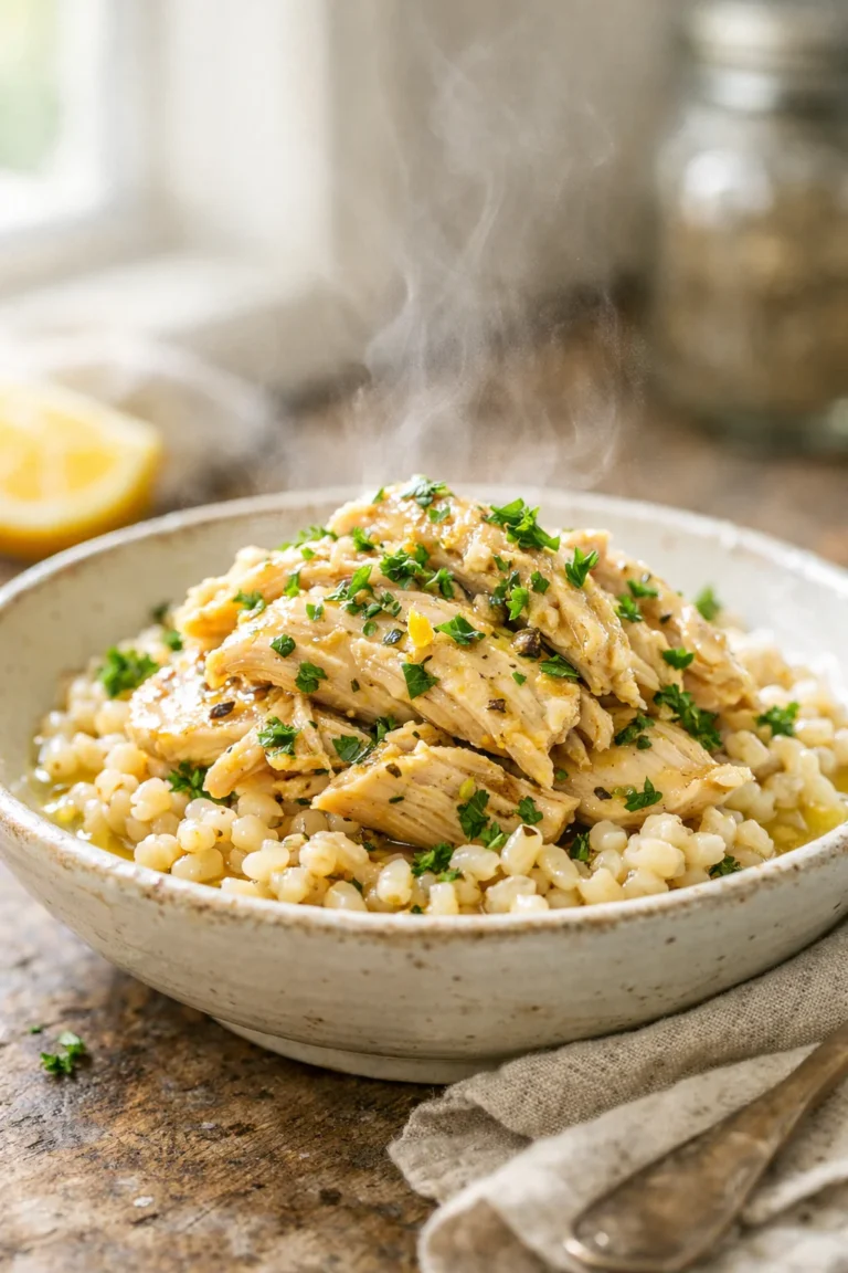 Citrus herb slow cooker chicken served over pearled barley in a bowl with lemon and parsley