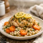 Citrus herb slow cooker chicken served with pearl barley and carrot rounds in a cozy home kitchen