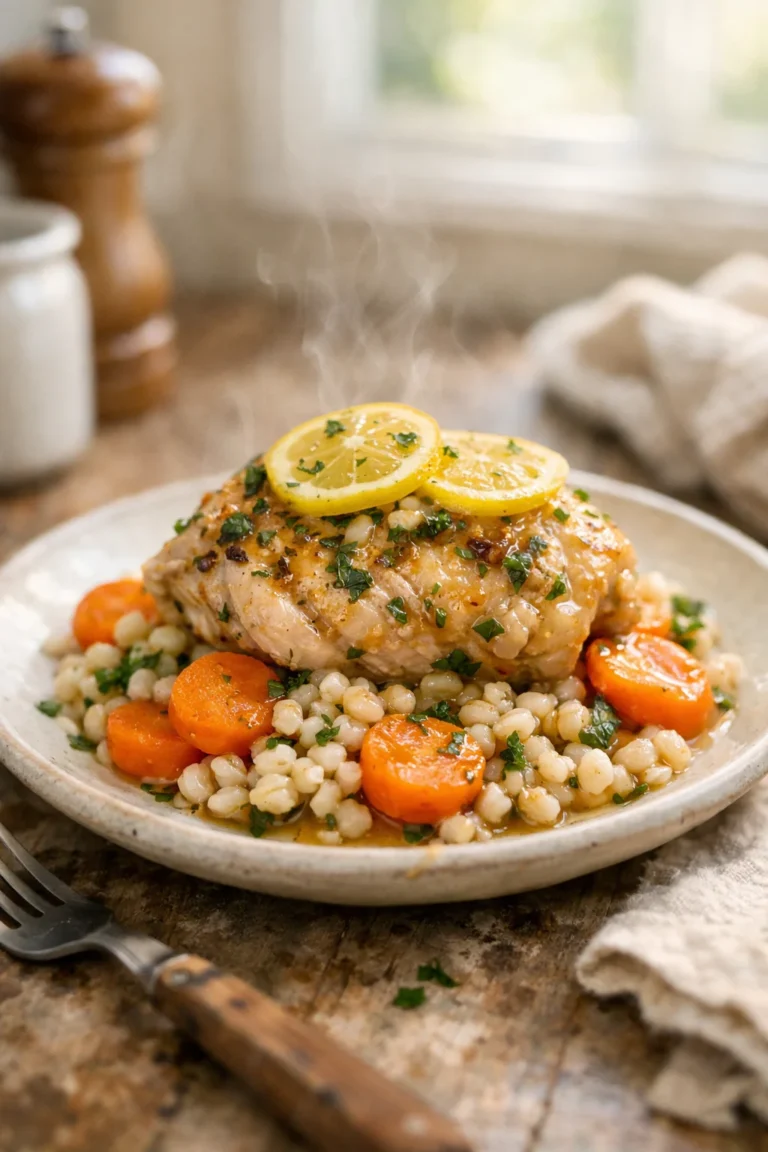 Citrus herb slow cooker chicken served with pearl barley and carrot rounds in a cozy home kitchen