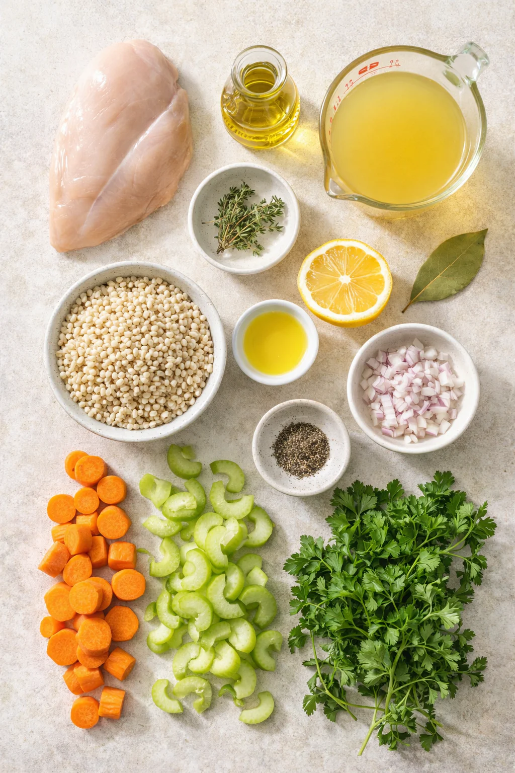 Ingredients for citrus herb chicken with barley laid out on a table